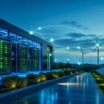 Ilustração editorial de um datacenter moderno com servidores e fontes de energia renovável