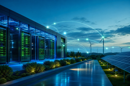 Ilustração editorial de um datacenter moderno com servidores e fontes de energia renovável