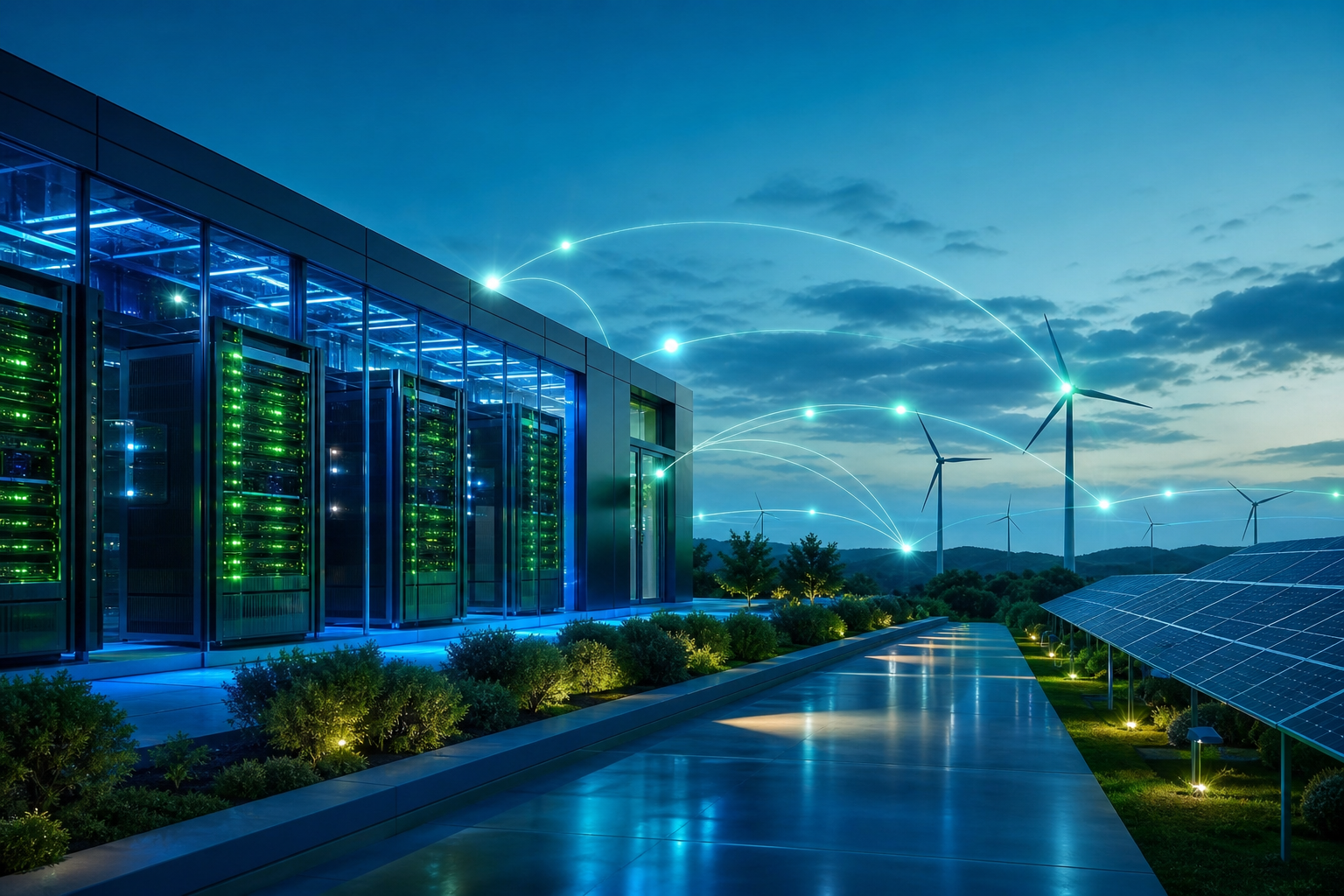 Ilustração editorial de um datacenter moderno com servidores e fontes de energia renovável