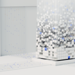 Renderização abstrata em 3D com formas e redes digitais que representam inteligência artificial e processamento de dados.