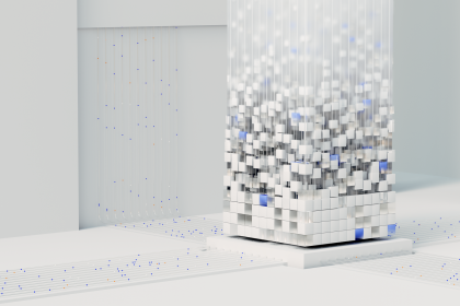 Renderização abstrata em 3D com formas e redes digitais que representam inteligência artificial e processamento de dados.