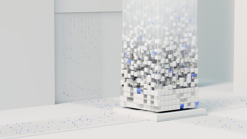 Renderização abstrata em 3D com formas e redes digitais que representam inteligência artificial e processamento de dados.